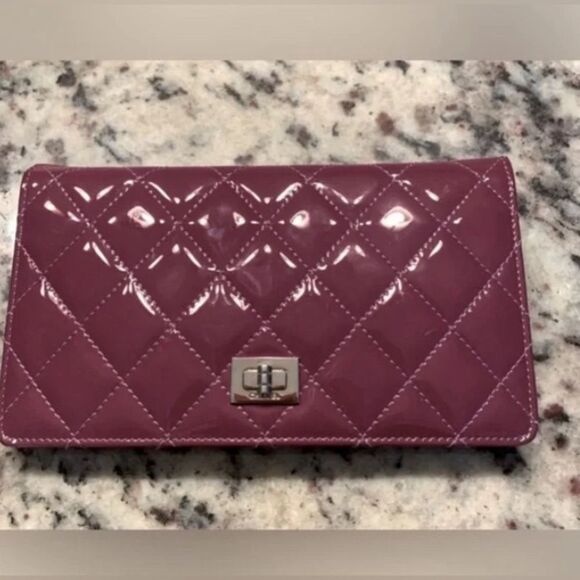 CHANEL Handbags - *Authentic* Chanel Quilted Plum Purple Pink Patent Leather Wallet EUC